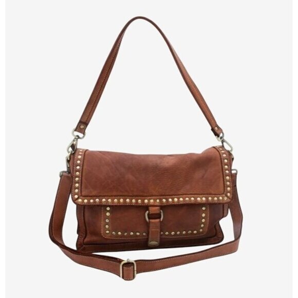 Bolsa Nova Handbags - Emily Studded Shoulder Bag Cognac Leather Adjustable Straps & Brass Detailing